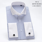 Men's French cufflink shirt with slim fit and contrasting color collar, Windsor collar, striped formal long sleeved shir
