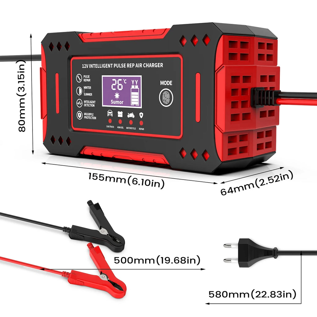 Cargador Unidad de carga de batería de coche y motocicleta Reparación de batería de plomo-ácido Pantalla LCD 6A 12V Batería de coche inteligente