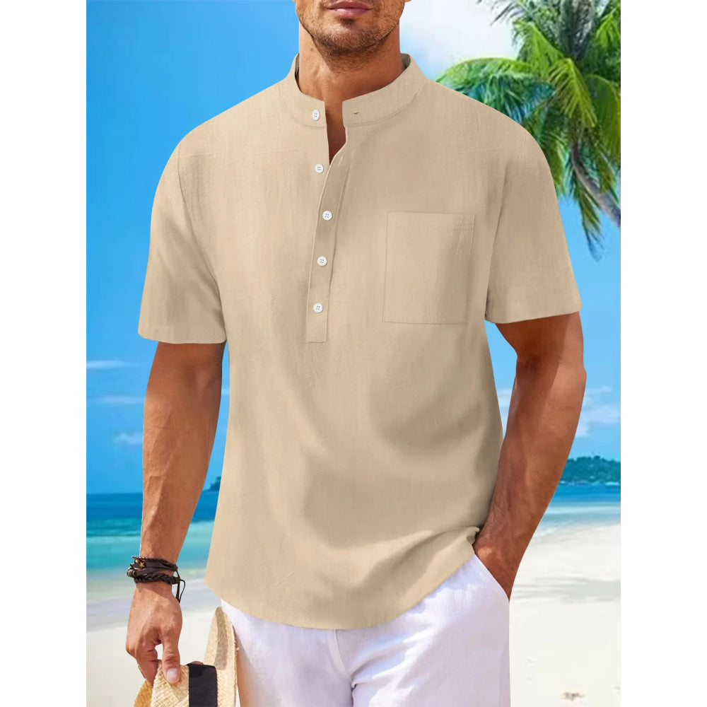 2025 autumn cross-border men's cotton and linen stand collar short sleeved shirt, loose casual Henley shirt for men