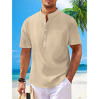 2025 autumn cross-border men's cotton and linen stand collar short sleeved shirt, loose casual Henley shirt for men