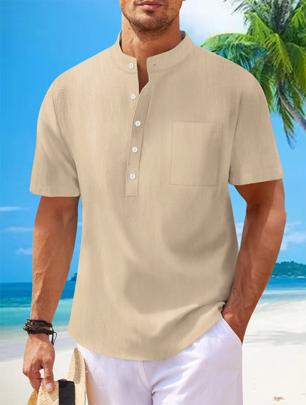 2025 autumn cross-border men's cotton and linen stand collar short sleeved shirt, loose casual Henley shirt for men