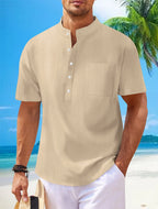 2025 autumn cross-border men's cotton and linen stand collar short sleeved shirt, loose casual Henley shirt for men