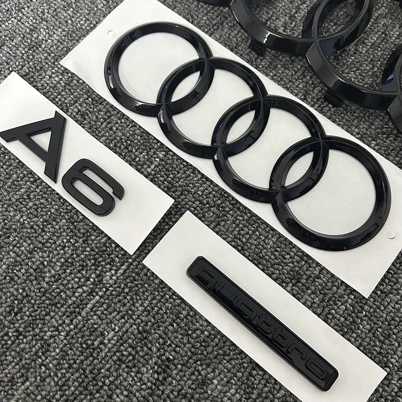 AUDI A6 4 Ring logo ABS Black Car Hood Front Bonnet Grill Rear Trunk Emblem Sticker A6 mark Quarrto Emblem For A6 2020-2023