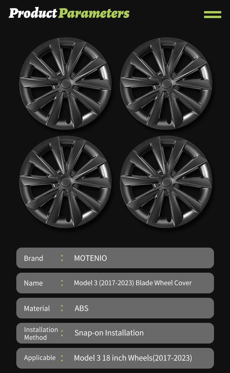4PCS for Model 3 (2017-2023) 18 Inch Blade Wheel Cover Hubcaps Whirl Cap Rim Cover Replacement Wheel Cap Accessories for Tesla