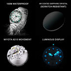 CADISEN AQUA DIVER New Brand Luxury Men Watches Automatic Watch Japan MIYOTA 8215 100M Waterproof Luminous Mechanical Wristwatch