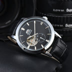 Orient automatic mechanical unisex watch with hollowed out personalized dial, fully functional world time leather strap