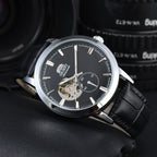 Orient automatic mechanical unisex watch with hollowed out personalized dial, fully functional world time leather strap