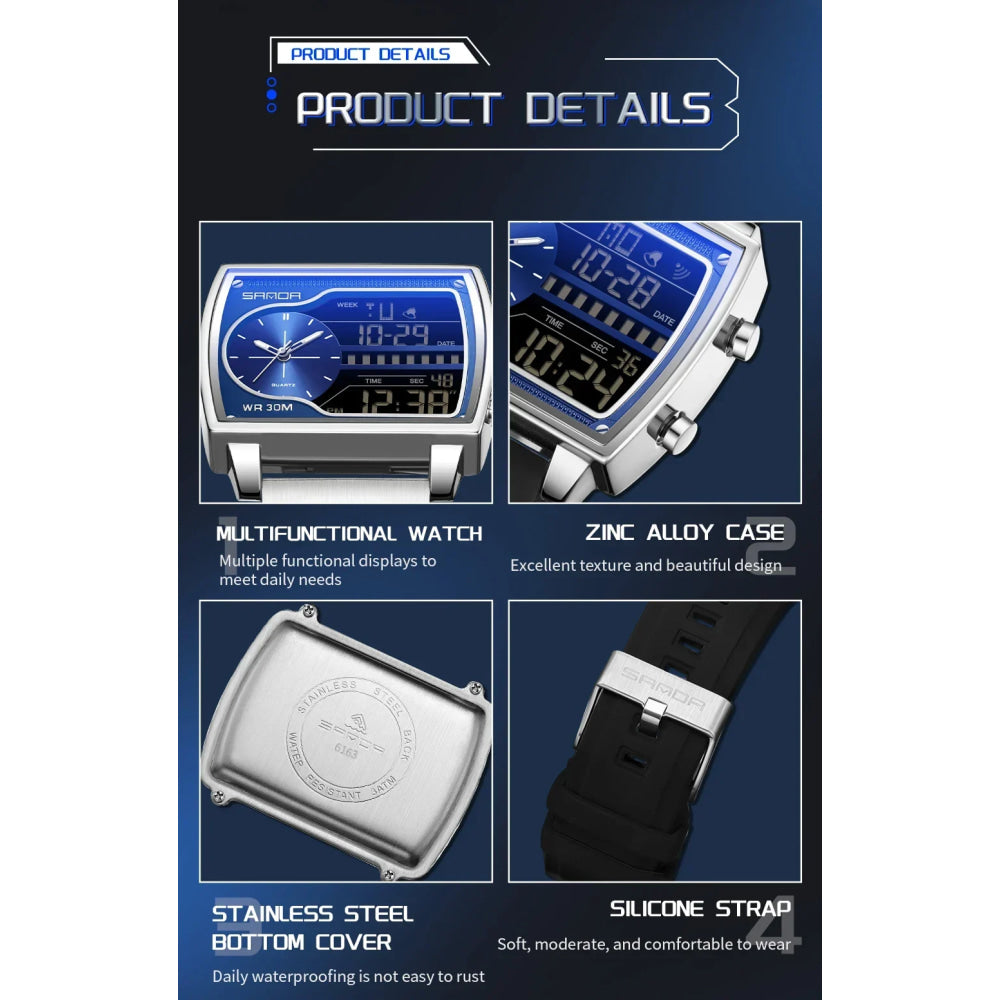 SANDA 6163 Fashion Trend Men's Quartz Watch Fashion Square Watch Countdown Sports Waterproof Dual Display Digital Men's Watches