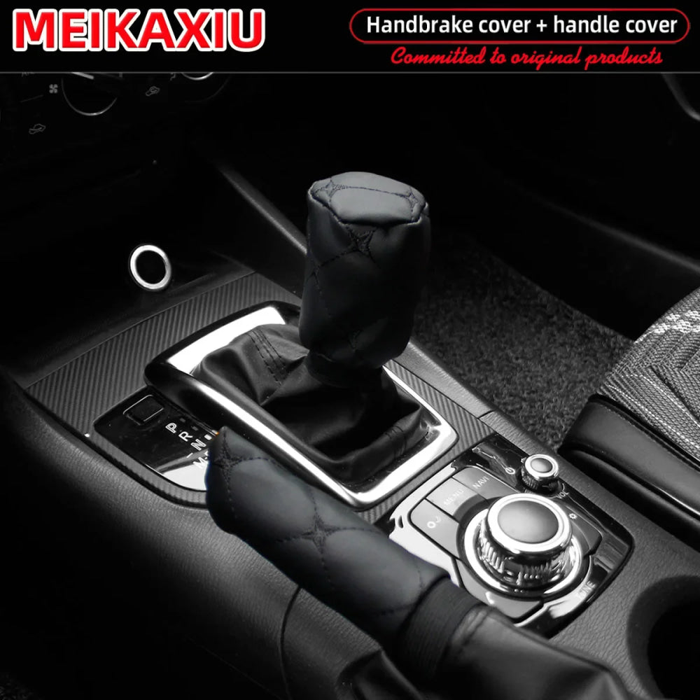 2 sets PU leather embroidered large lattice comfortable car handbrake cover handle set manual transmission car general purpose