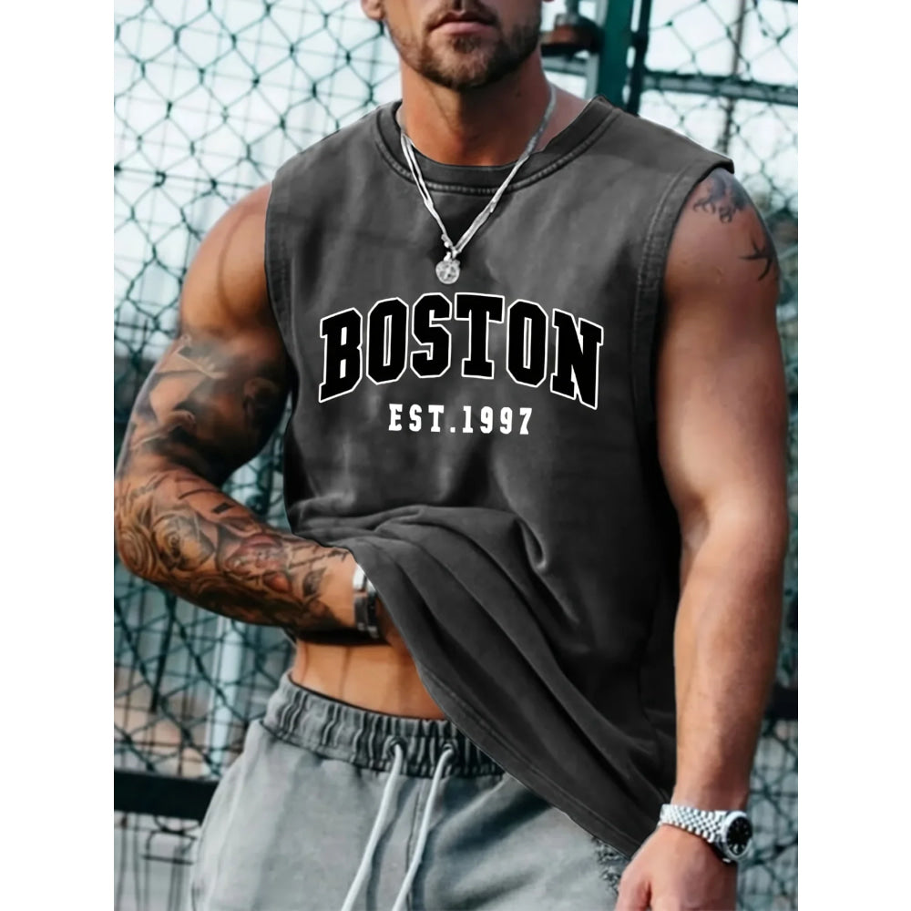 Men's summer fashion casual sports loose Boston est 1997 Print comfortable breathable round neck sleeveless vest