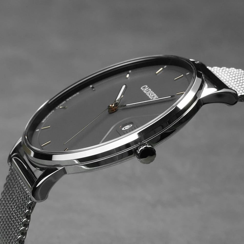 CADISEN Swiss Ronda 715 Quartz Watch Mans 7MM Ultra-thin Dial Sapphire Luminous Stainless Steel Milano Mesh Strap Watches Men