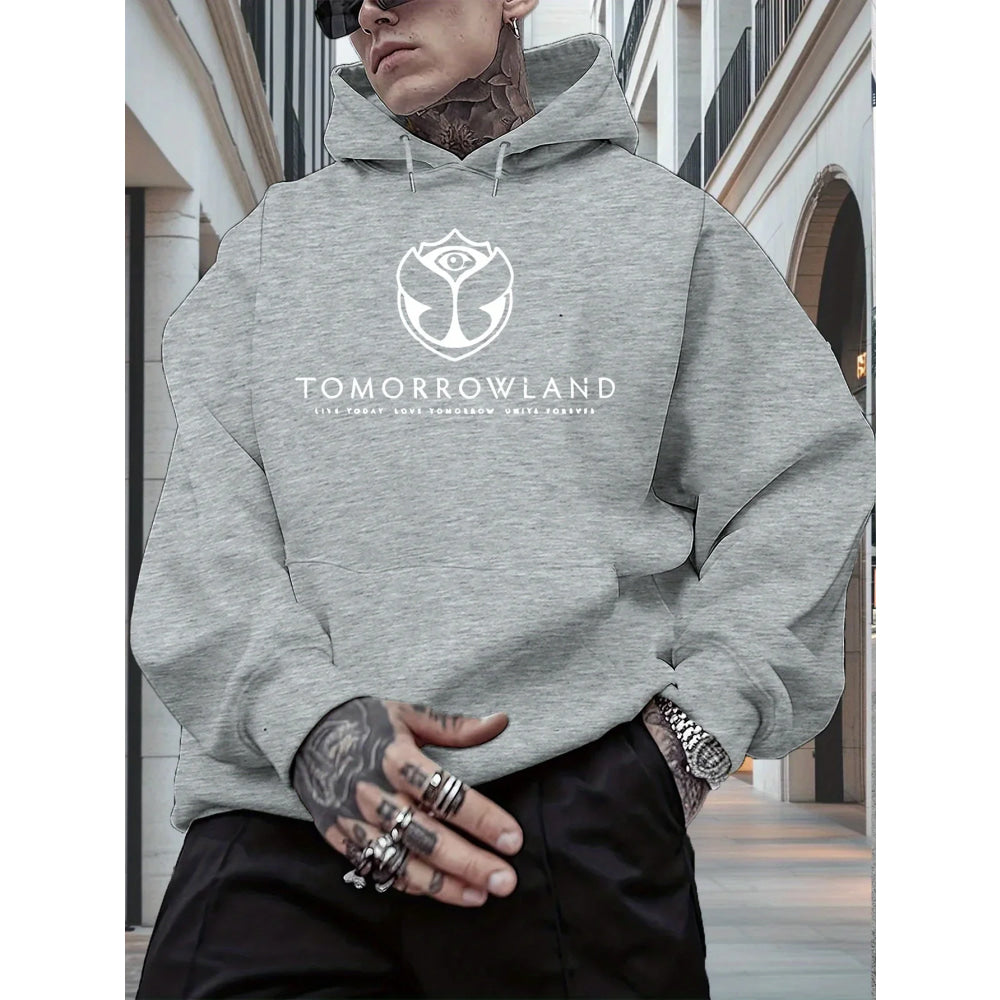2025Men'S Hoodie with "TOMORROWLAND" Graphic - Casual Pullover Sweatshirt Long Sleeve Regular Fit Fall/Winter Casual Wear Hoodie