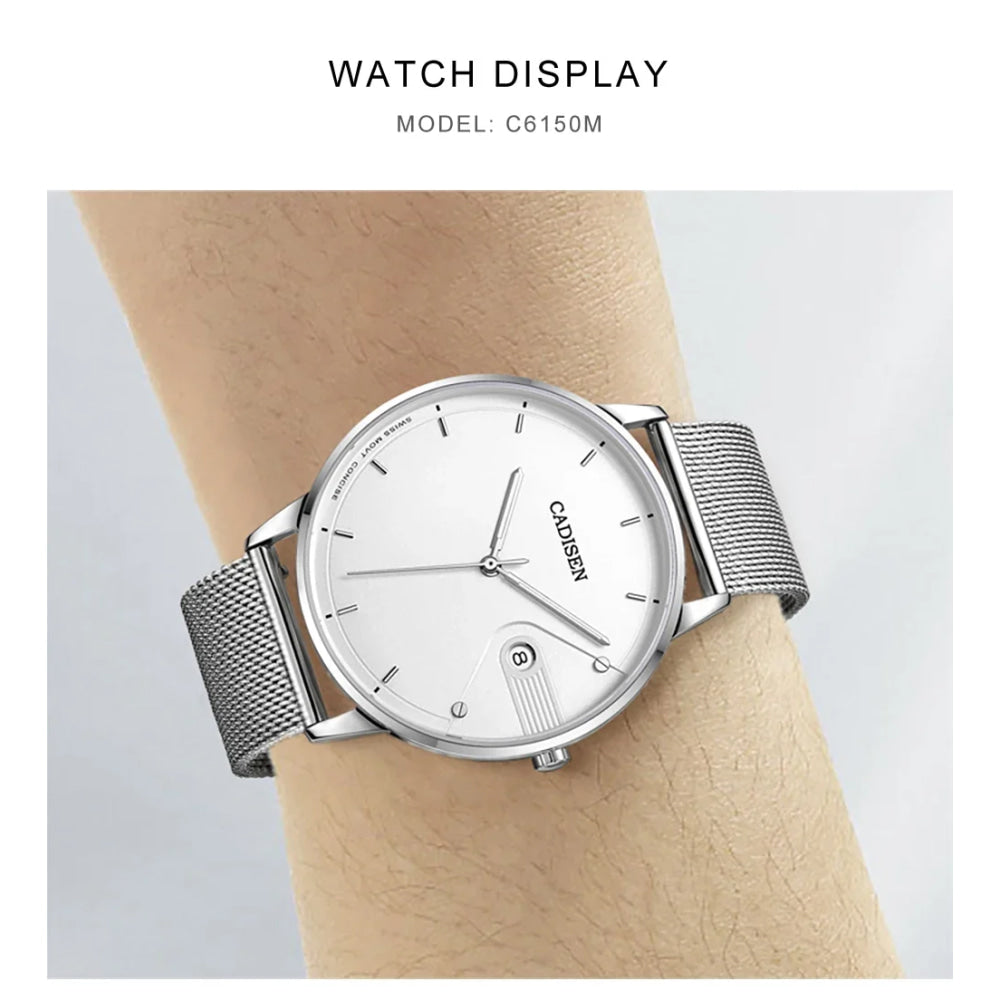 CADISEN Swiss Ronda 715 Quartz Watch Mans 7MM Ultra-thin Dial Sapphire Luminous Stainless Steel Milano Mesh Strap Watches Men