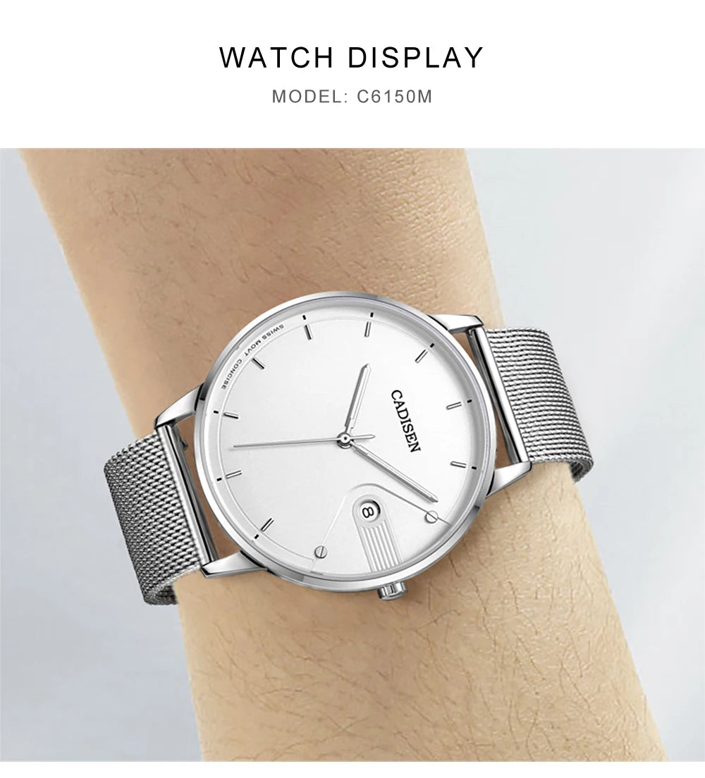 CADISEN Swiss Ronda 715 Quartz Watch Mans 7MM Ultra-thin Dial Sapphire Luminous Stainless Steel Milano Mesh Strap Watches Men