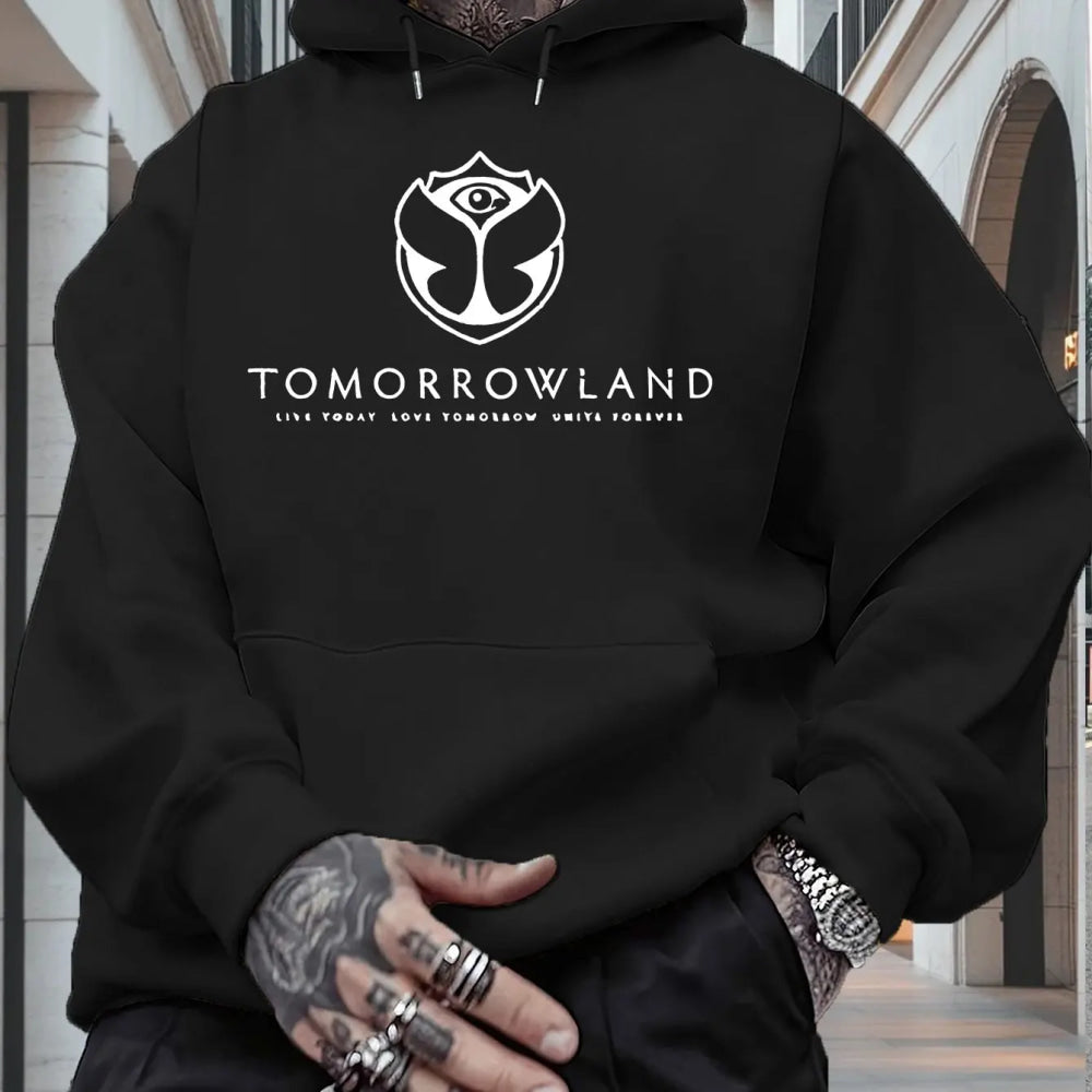 2025Men'S Hoodie with "TOMORROWLAND" Graphic - Casual Pullover Sweatshirt Long Sleeve Regular Fit Fall/Winter Casual Wear Hoodie