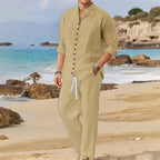 Men's Fashionable Cotton Linen Shirt Set, Stand Collar, Long Sleeves, Two-Piece Set, Spring/Autumn Style, 100% Natural Fiber