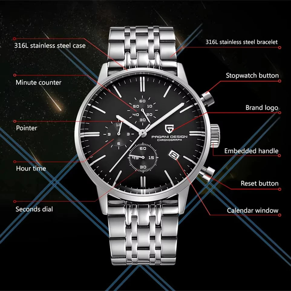 Pagani Design Fashion Luxury Men's Quartz Chronograph Watch Japan VK67 Movement Leather Strap Large Calendar PD-2720K reloj