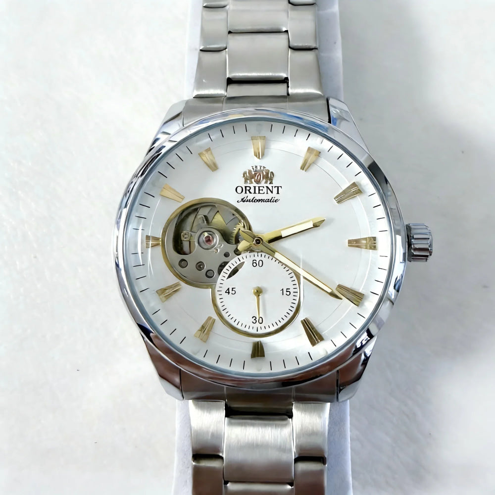 ORIENT Automatic Mechanical Watch Men's Stainless Steel Strap Skeleton Dial White Gold Needle Luminous 50M Waterproof Sapphire