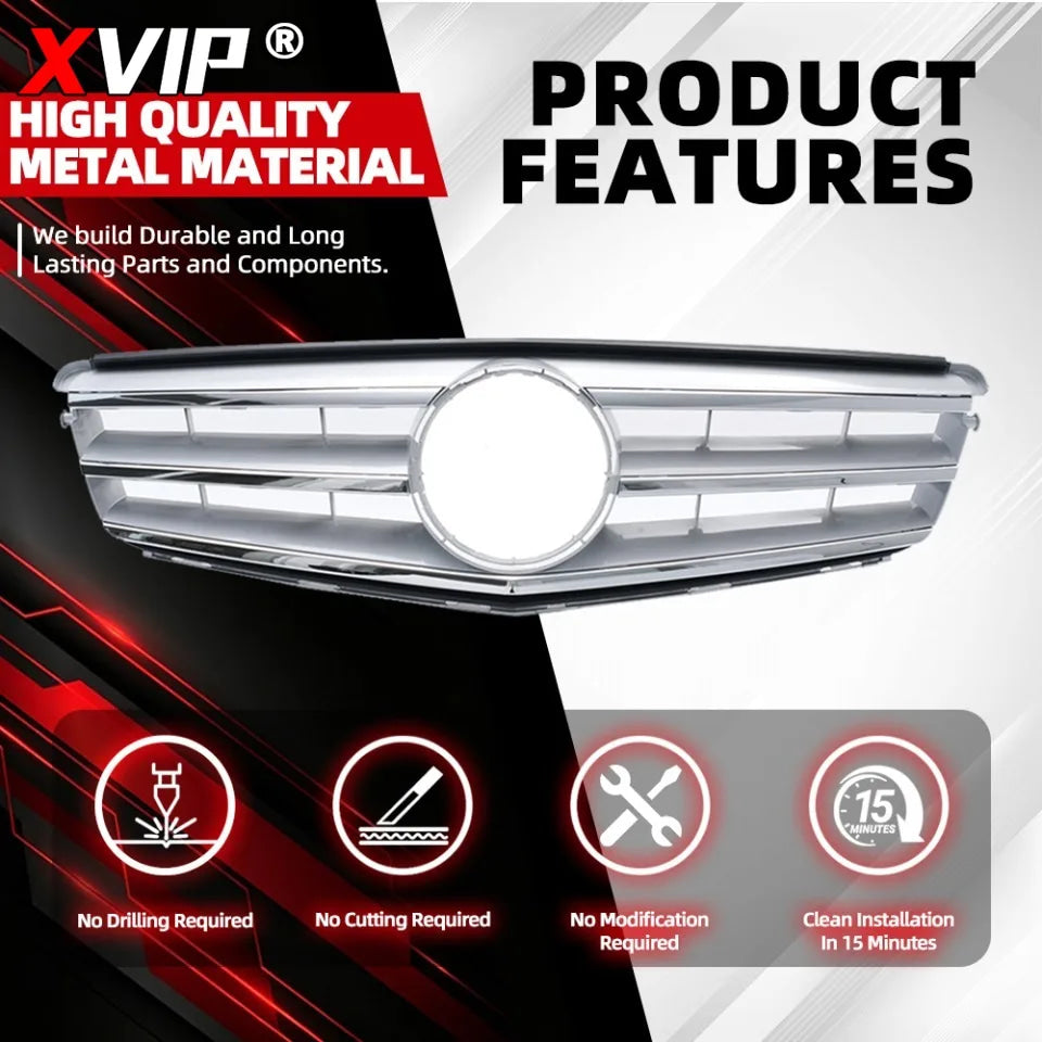 XVIP Chrome Silver Sport Style Racing Grille Bumper Grill For Mercedes Benz C-Class W204 2008-2014 C180 C200 C250 C280 C300 C350