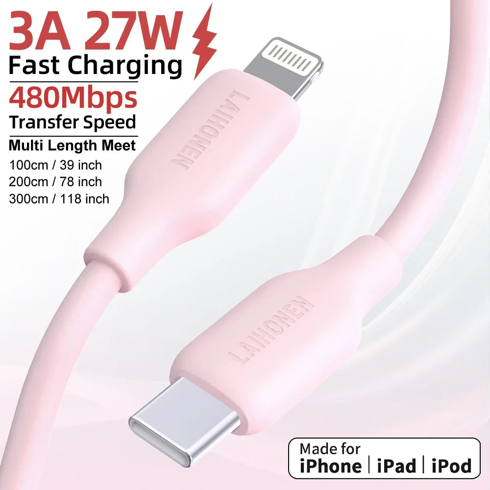 Macaron Pink 27W PD Fast Charging Cable USB C to Lightning Silicone Data Cable Soft Flexible for iPhone 14 13 12 11