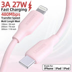 Macaron Pink 27W PD Fast Charging Cable USB C to Lightning Silicone Data Cable Soft Flexible for iPhone 14 13 12 11
