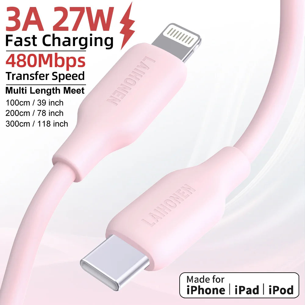 Macaron Pink 27W PD Fast Charging Cable USB C to Lightning Silicone Data Cable Soft Flexible for iPhone 14 13 12 11
