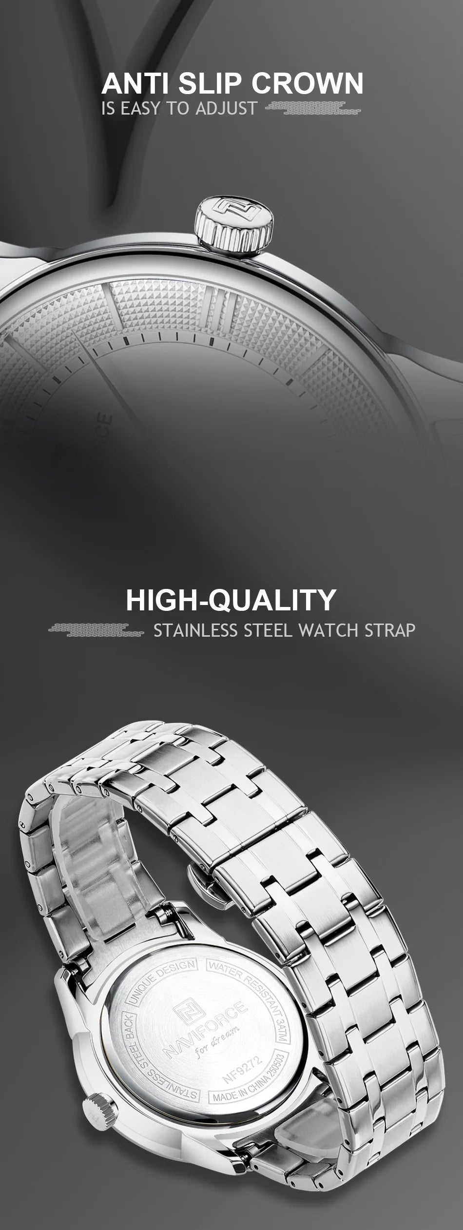 NAVIFORCE Men's Watch Classic Stainless Steel Strap 3ATM Waterproof Calendar Minimalist Dial Men's Chronograph Watch NF9272S