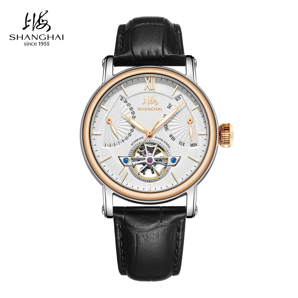 Shanghai Watch Skeletonized Flywheel Men's Mechanical Watch 42mm Automatic Watches Retrograde Calendar Sapphire Wristwatch S8924
