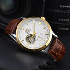 Orient automatic mechanical unisex watch with hollowed out personalized dial, fully functional world time leather strap