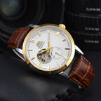 Orient automatic mechanical unisex watch with hollowed out personalized dial, fully functional world time leather strap