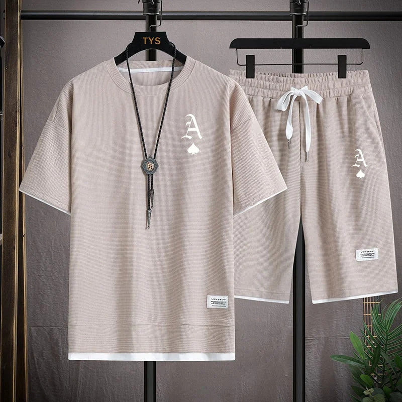Fashionable casual men's sports suit short-sleeved T-shirt and outdoor summer sports shorts two-piece set daily casual
