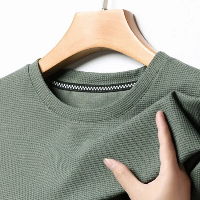 Nueva camiseta de manga corta con cuello redondo y gofres de verano para hombre, Top de manga corta