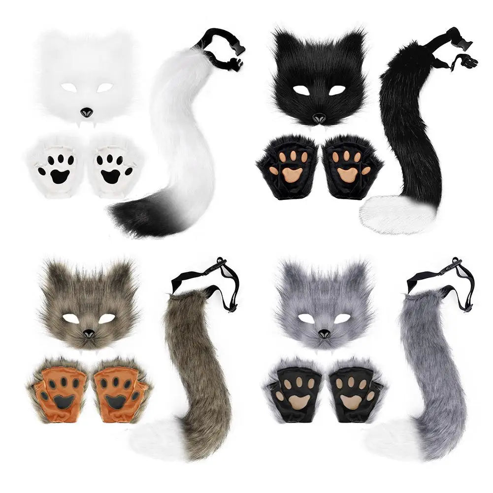 Guantes de máscara de cola de piel esponjosa, guantes de manos con patas de gato y máscara de lobo Therian, conjunto para disfraz de Halloween, accesorios para fiesta