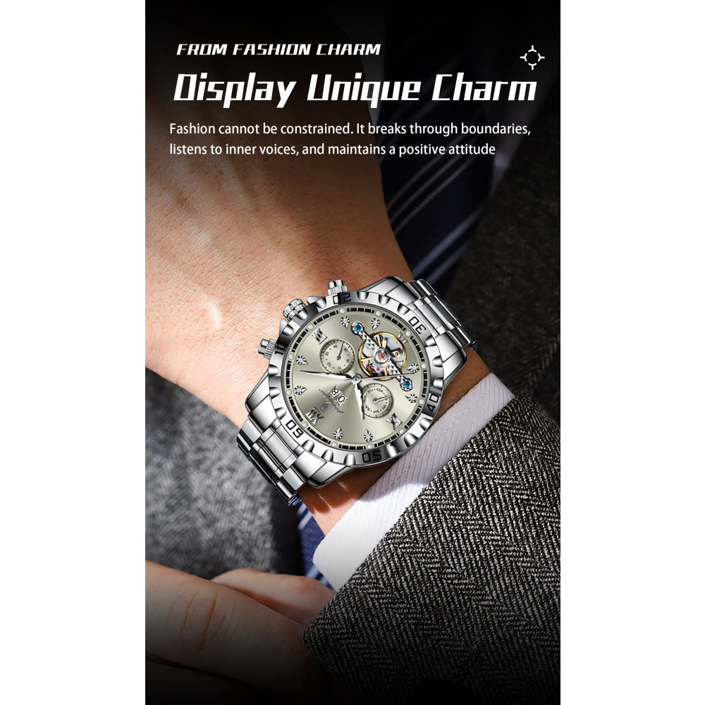 POEDAGAR Luxury Men Wristwatch Hollow Tourbillon Luminous Date Week Man Clock Automatic Mechanical Stainless Steel Men's Watches