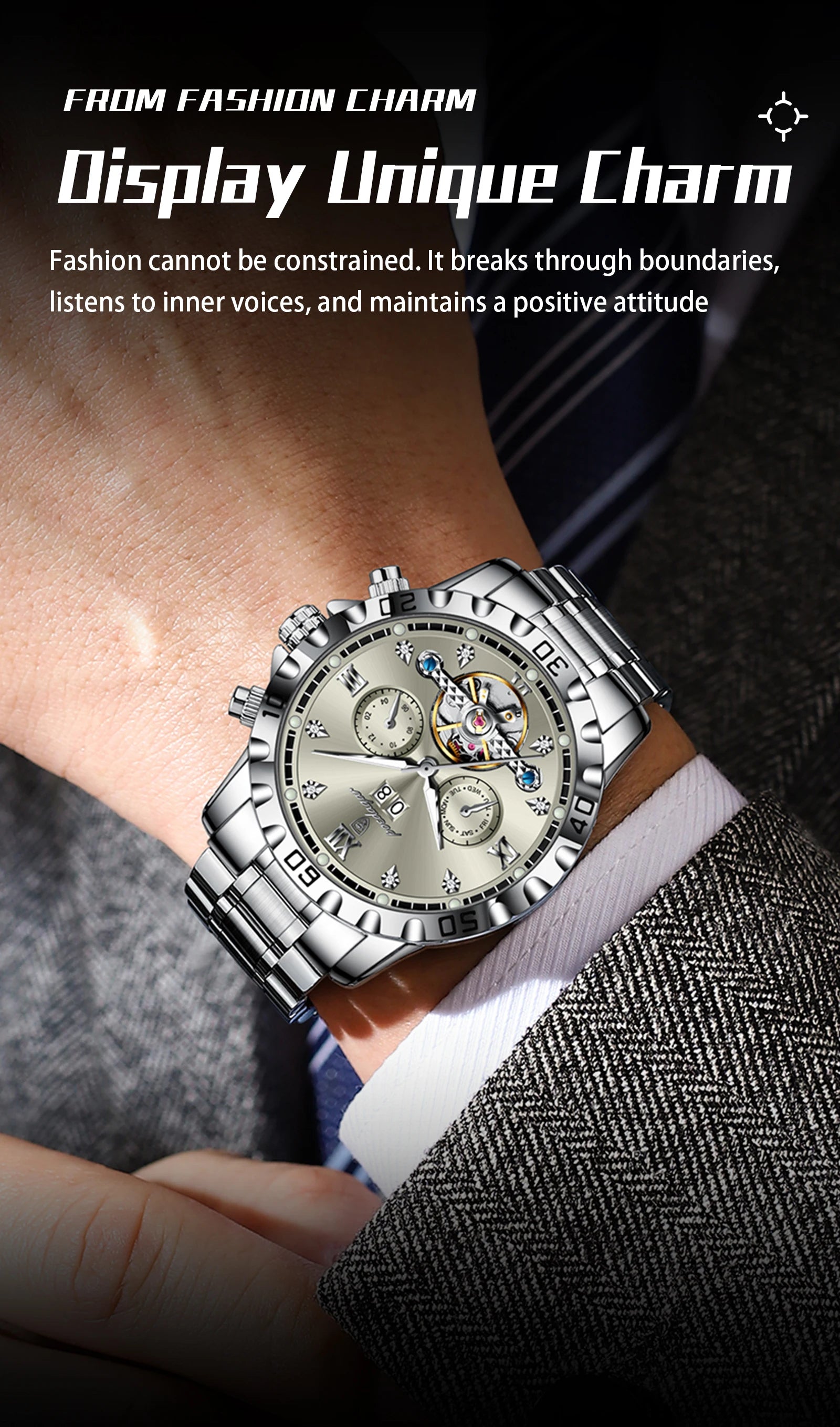 POEDAGAR Luxury Men Wristwatch Hollow Tourbillon Luminous Date Week Man Clock Automatic Mechanical Stainless Steel Men's Watches