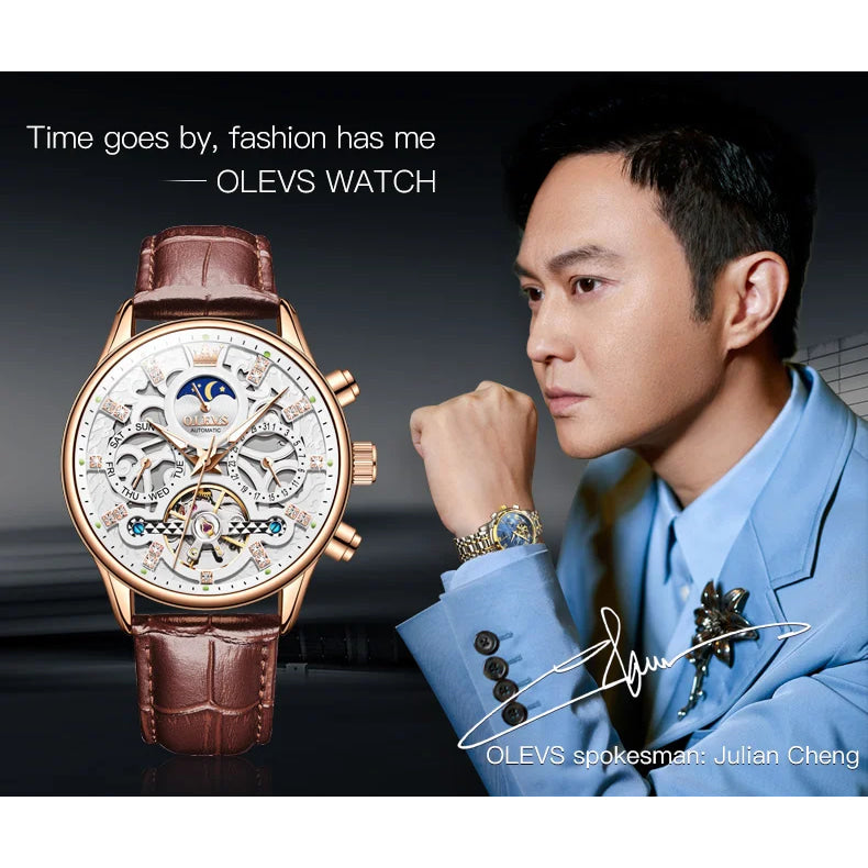 OLEVS 6658 Mens Watch Business Leather Strap Reloj  Hollow out Mechanical Automatic Wristwatch Waterproof Luminous Watch For Man