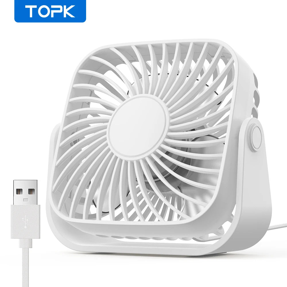 TOPK Mini ventilador portátil USB de 4 pulgadas para acampar, ventilador personal de mesa de escritorio silencioso de 3 velocidades, 360 ° Ajuste de ventiladores de pie para la habitación del hogar