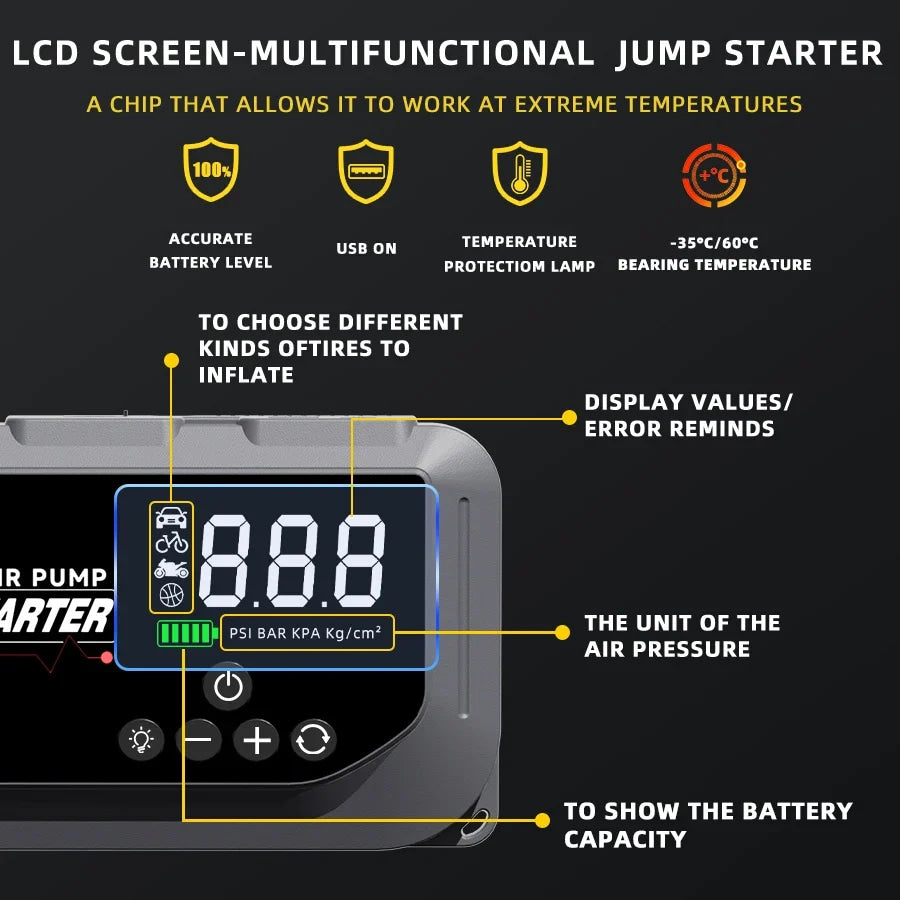 Portable 12V 8000A smart emergency car jump starter, with emergency air pump, flashlight, and power bank. Suitable for all car