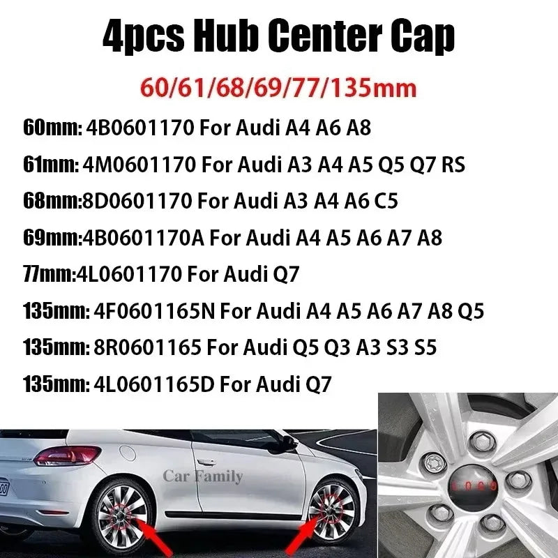 Audi 4pcs 60mm 61mm 68mm 69mm 123mm Car Styling Wheel Center Cap Hub Covers Badge for Audi A3 A4 A5 A6 A7 A8 S4 S6 Sticker