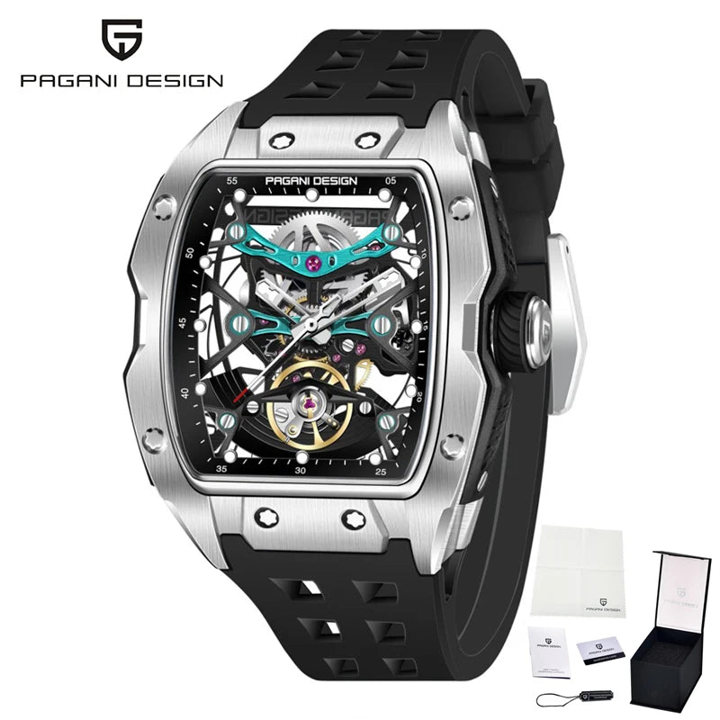 PAGANI DESIGN-reloj mecánico automático para hombre, barril de vino, tienda, estilo Venom, resistente al agua, lente de zafiro de goma, hueco