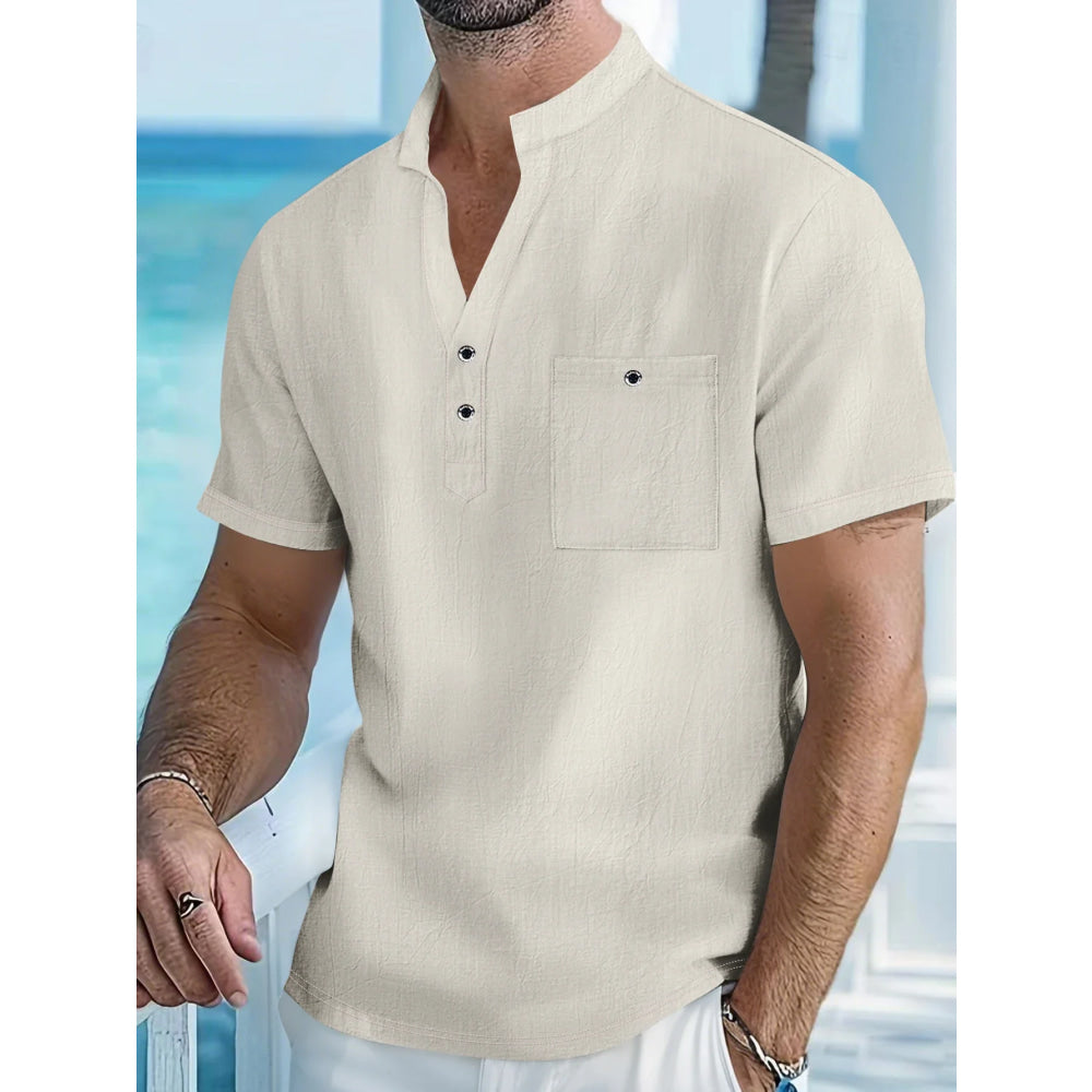 Men's Cotton Linen Short-Sleeve Shirt with Stand Collar & Half-Button Placket - Casual Outdoor Leisure Wear for Spring and Summe