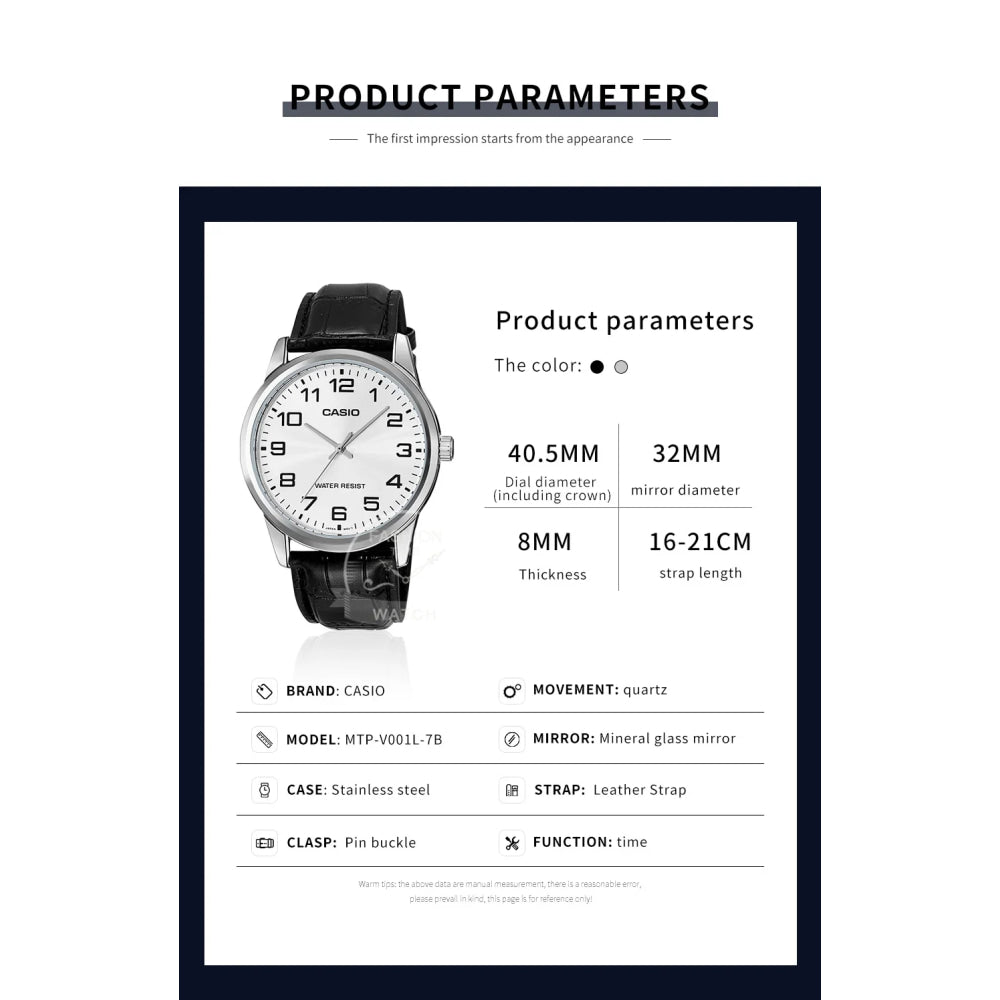 Casio Watch for Men Simple Minimalist Business Style Fashionable Design Water Resistant Quartz Movement MTP-V001