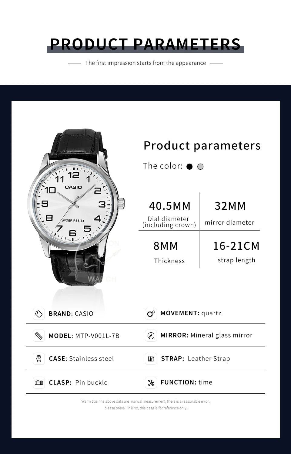 Casio Watch for Men Simple Minimalist Business Style Fashionable Design Water Resistant Quartz Movement MTP-V001
