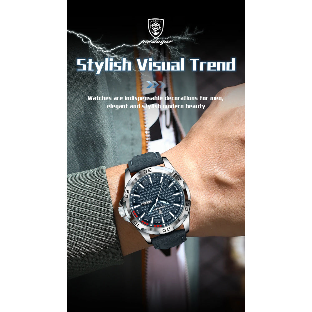 POEDAGAR Original Man Wristwatch Top Luxury Waterproof Luminous Date Week Watch For Men Quartz Sport Leather Men's Watches Reloj