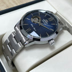 Orient Men's Automatic Open Heart Watch Blue Dial Stainless Steel Band Casual Dress Wristwatch 30M Water Resistant Fashion Watch