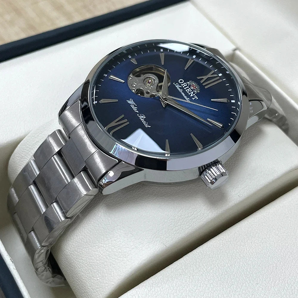 Orient Men's Automatic Open Heart Watch Blue Dial Stainless Steel Band Casual Dress Wristwatch 30M Water Resistant Fashion Watch