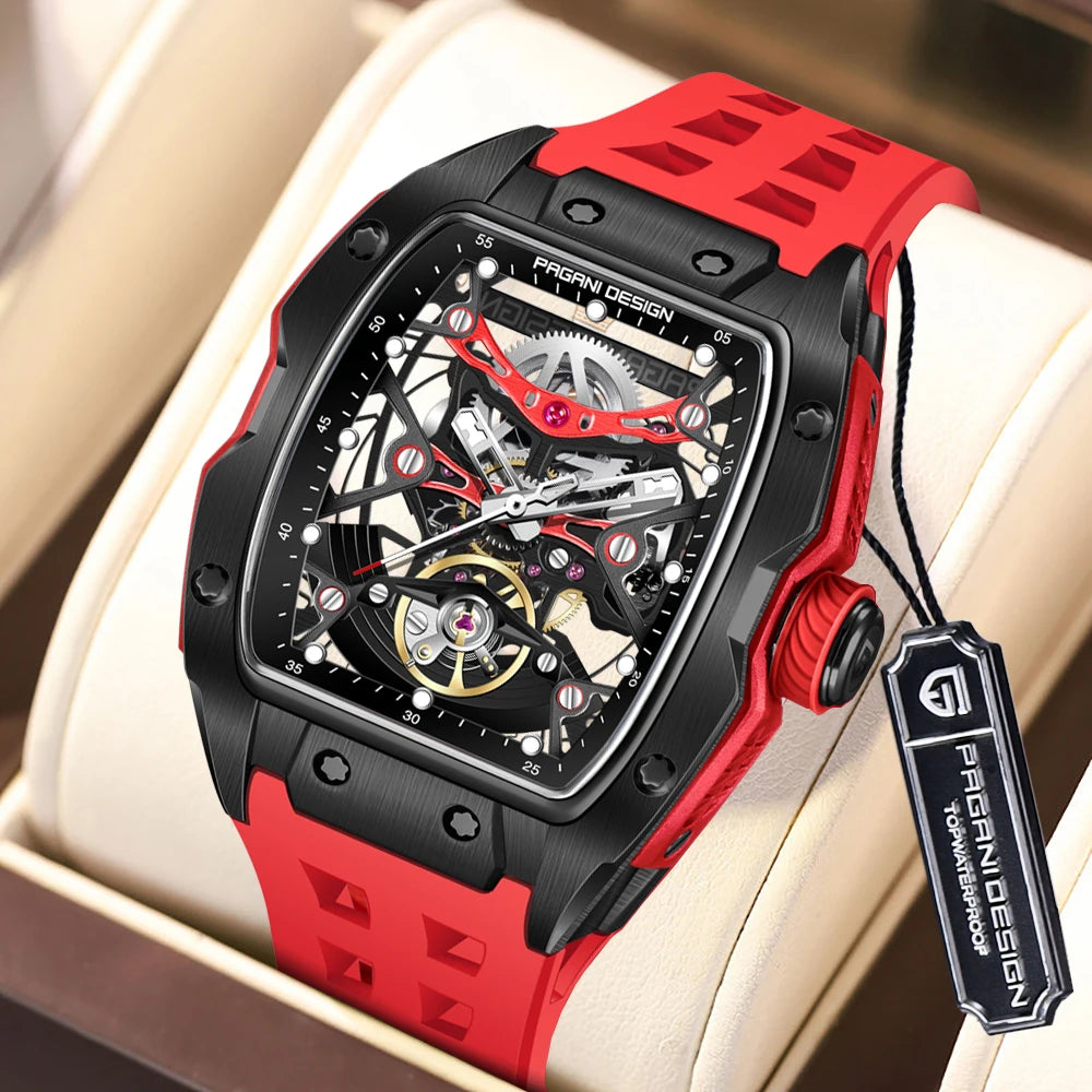 PAGANI DESIGN-reloj mecánico automático para hombre, barril de vino, tienda, estilo Venom, resistente al agua, lente de zafiro de goma, hueco