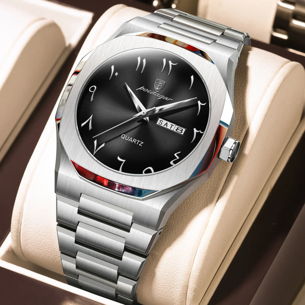 POEDAGAR Military Watch For Men Waterproof Luxury Week Calendar Man Wristwatch Quartz Stainless Steel Fashion Men's Watches Male