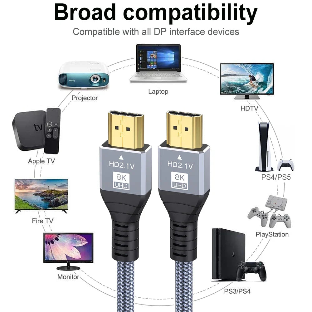8K HDMI-Compatible Cable 4K@120Hz 8K@60Hz HDMI 2.1 Cable 48Gbps Adapter For RTX 3080 eARC HDR Video Cable PC Laptop TV box PS5