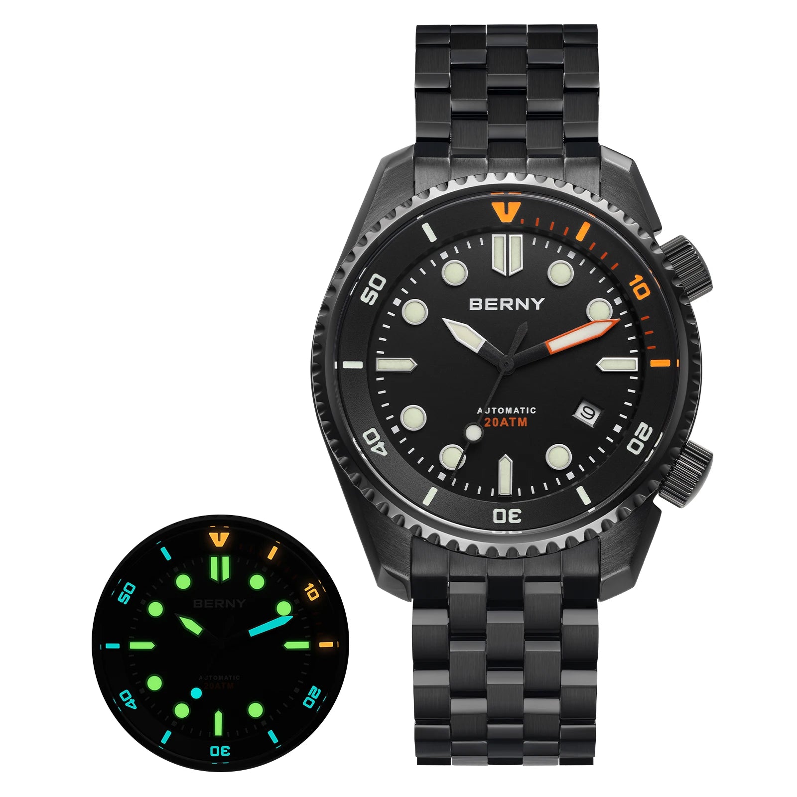 BERNY Automatic Diver Watch for Men Top Luxury Sapphire 316L Steel Blue Dial 200M Waterproof Mechanical Diving Men's Watches